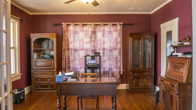 office area with ornamental molding, a ceiling fan, and dark wood-type flooring