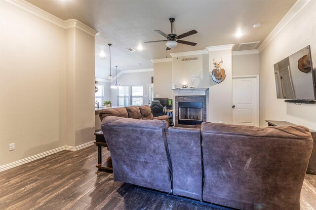 2024 Castleberry Cut-Off Rd, Fort Worth, TX 76114 - living room featuring dark wood-style flooring, visible vents, crown molding, a fireplace, and ceiling fan