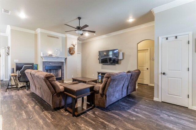 2024 Castleberry Cut-Off Rd, Fort Worth, TX 76114 - living area with visible vents, a fireplace, ceiling fan, dark wood finished floors, and arched walkways
