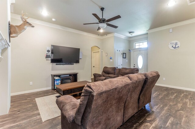 2024 Castleberry Cut-Off Rd, Fort Worth, TX 76114 - living area with ornamental molding, arched walkways, dark wood-style floors, and ceiling fan