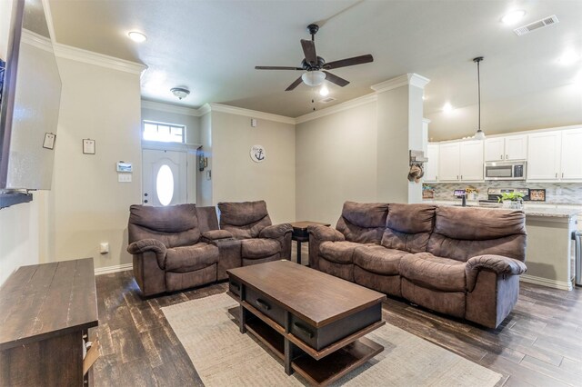 2024 Castleberry Cut-Off Rd, Fort Worth, TX 76114 - living room featuring visible vents, baseboards, ornamental molding, a ceiling fan, and dark wood-type flooring