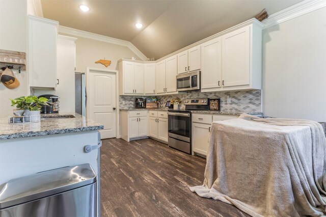 2024 Castleberry Cut-Off Rd, Fort Worth, TX 76114 - kitchen featuring crown molding, vaulted ceiling, stainless steel appliances, backsplash, and white cabinets