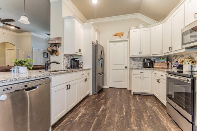 2024 Castleberry Cut-Off Rd, Fort Worth, TX 76114 - kitchen featuring white cabinetry, a sink, crown molding, and appliances with stainless steel finishes