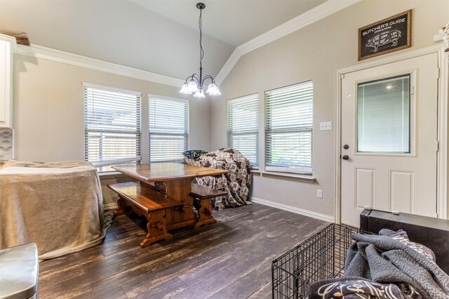 2024 Castleberry Cut-Off Rd, Fort Worth, TX 76114 - dining room featuring crown molding, lofted ceiling, an inviting chandelier, dark wood-type flooring, and baseboards