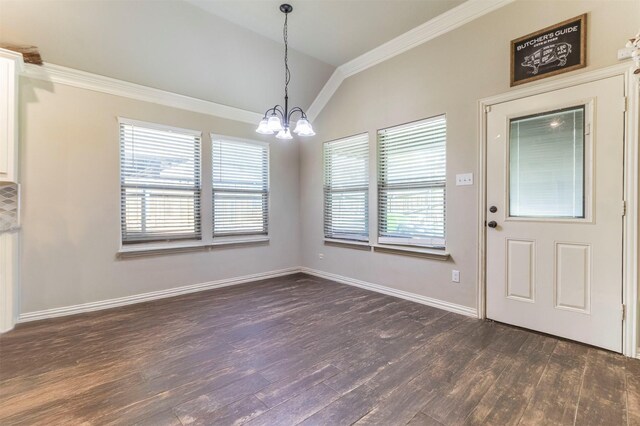 2024 Castleberry Cut-Off Rd, Fort Worth, TX 76114 - unfurnished dining area with crown molding, dark wood-style floors, lofted ceiling, baseboards, and an inviting chandelier