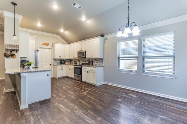 2024 Castleberry Cut-Off Rd, Fort Worth, TX 76114 - kitchen with vaulted ceiling, crown molding, a peninsula, stainless steel appliances, and visible vents