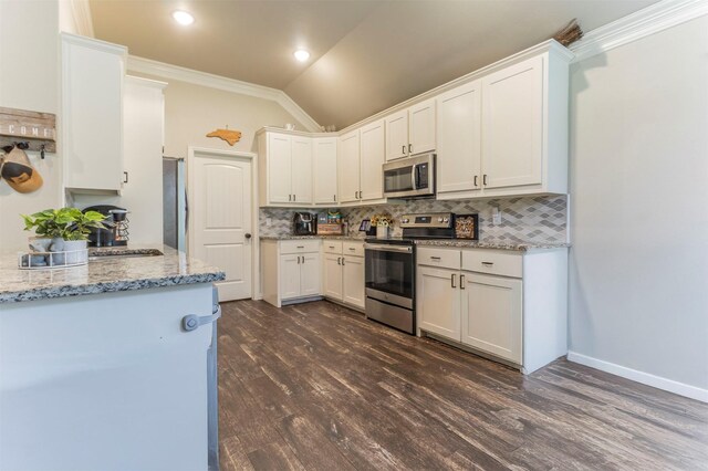 2024 Castleberry Cut-Off Rd, Fort Worth, TX 76114 - kitchen featuring crown molding, dark wood finished floors, lofted ceiling, stainless steel appliances, and decorative backsplash