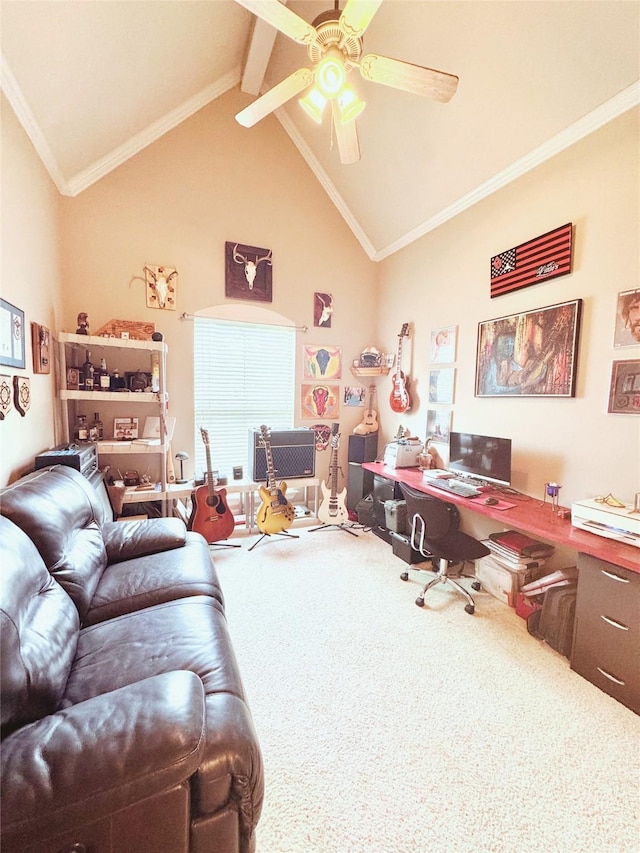 office with ceiling fan, carpet, crown molding, beam ceiling, and high vaulted ceiling