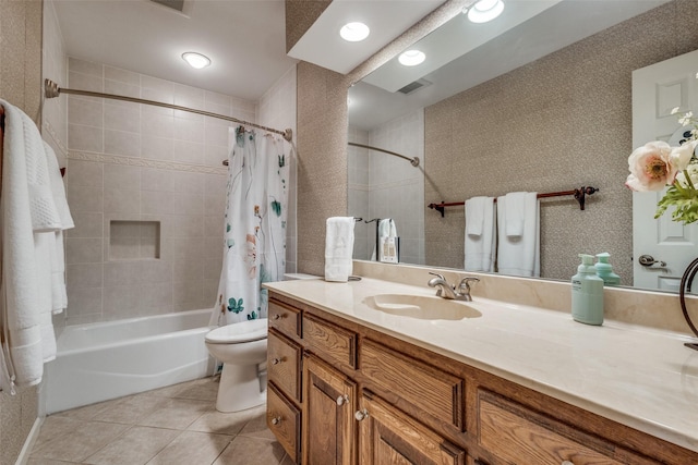 328 S Jackson Ave, Justin, TX 76247 - bathroom featuring tile patterned flooring, shower / tub combo with curtain, toilet, and vanity