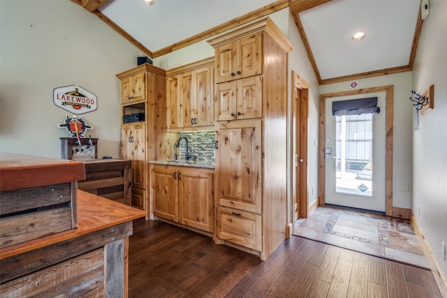 328 S Jackson Ave, Justin, TX 76247 - kitchen with ornamental molding, lofted ceiling, decorative backsplash, dark wood-style flooring, and a sink