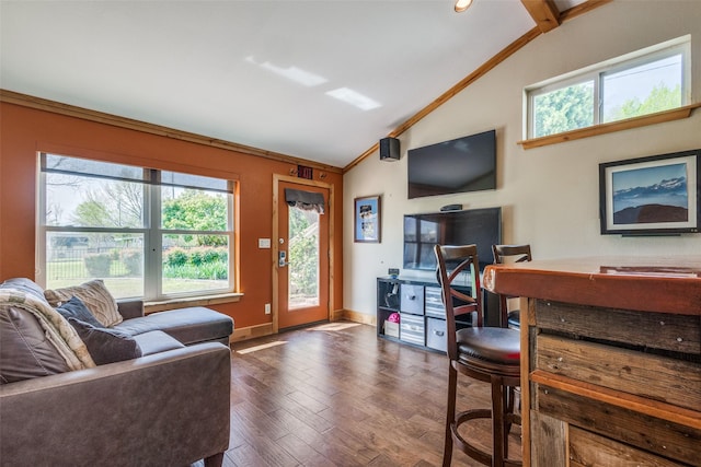 328 S Jackson Ave, Justin, TX 76247 - living area with vaulted ceiling, healthy amount of natural light, dark wood-type flooring, crown molding, and baseboards