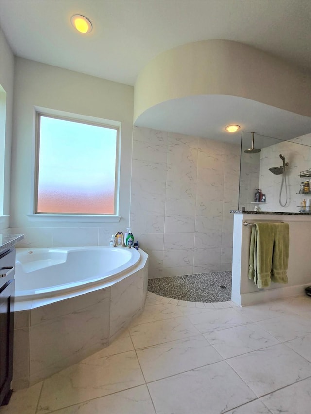 1214 Norwood St, Mansfield, TX 76063 - bathroom featuring marble finish floor, a walk in shower, and a bath
