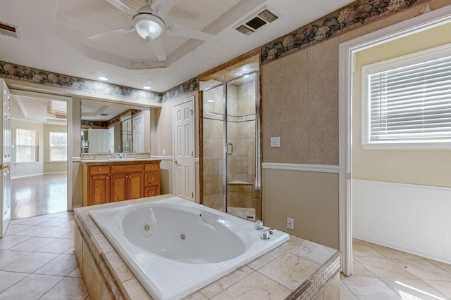 102 Cedar Dr, Oak Leaf, TX 75154 - full bath featuring visible vents, vanity, a ceiling fan, a stall shower, and a jetted tub