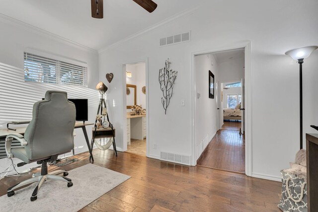 4901 Fairway Ct, De Cordova, TX 76049 - office with ornamental molding, visible vents, ceiling fan, and hardwood / wood-style flooring