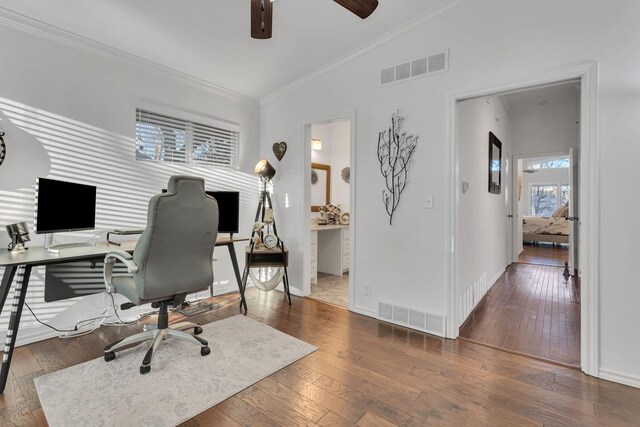 4901 Fairway Ct, De Cordova, TX 76049 - office space featuring crown molding, visible vents, a ceiling fan, and wood-type flooring