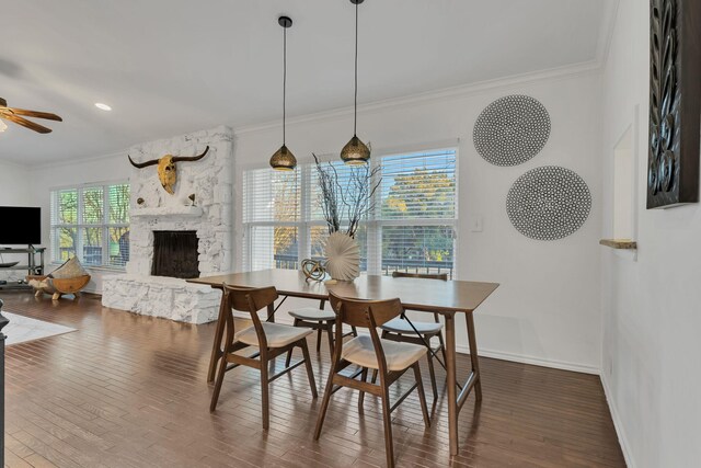 4901 Fairway Ct, De Cordova, TX 76049 - dining area with hardwood / wood-style floors, ornamental molding, baseboards, and ceiling fan
