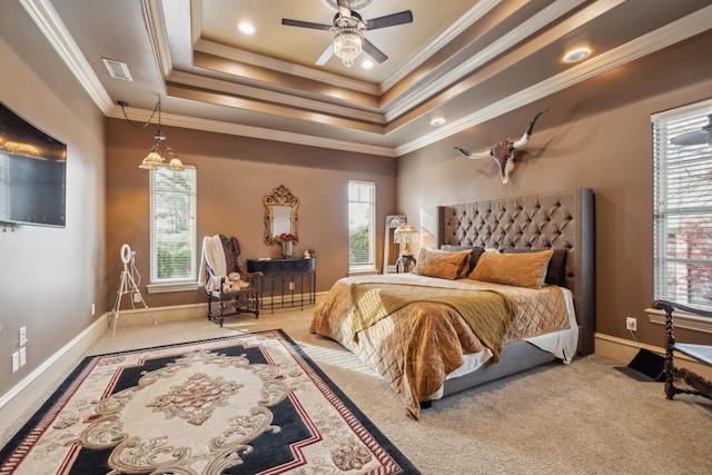 2901 Stewart Way, Tyler, TX 75709 - carpeted bedroom with ornamental molding, visible vents, baseboards, and a raised ceiling