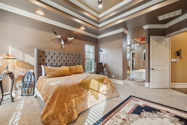 2901 Stewart Way, Tyler, TX 75709 - carpeted bedroom featuring ensuite bath, visible vents, baseboards, and ornamental molding