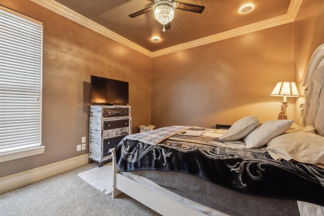 2901 Stewart Way, Tyler, TX 75709 - carpeted bedroom featuring crown molding, baseboards, and a ceiling fan