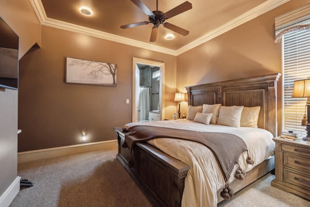 2901 Stewart Way, Tyler, TX 75709 - bedroom with ceiling fan, connected bathroom, ornamental molding, carpet flooring, and baseboards