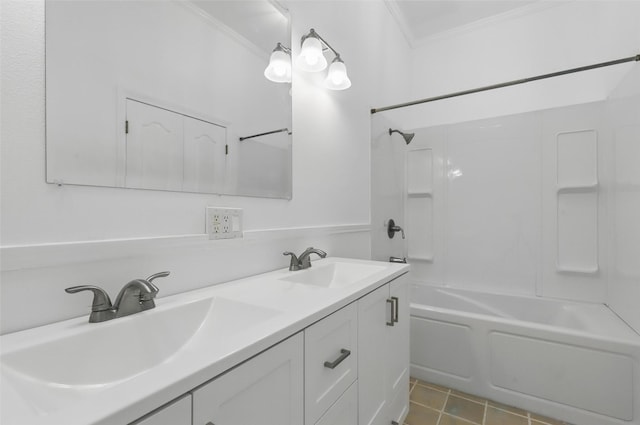 full bathroom featuring double vanity, a sink, crown molding, and bathtub / shower combination