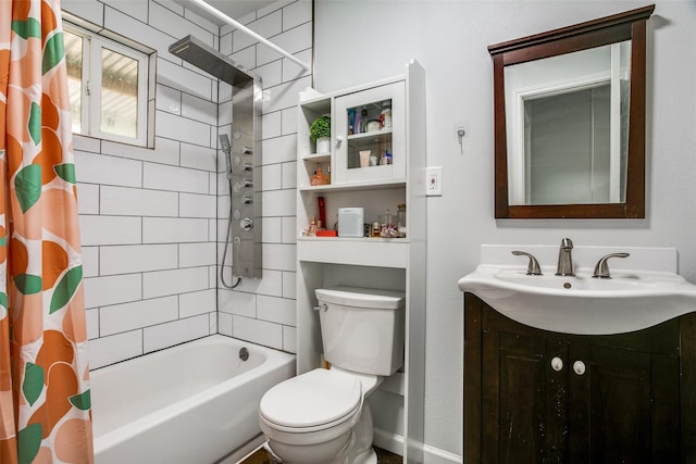 bathroom with shower / bath combination with curtain, toilet, and vanity