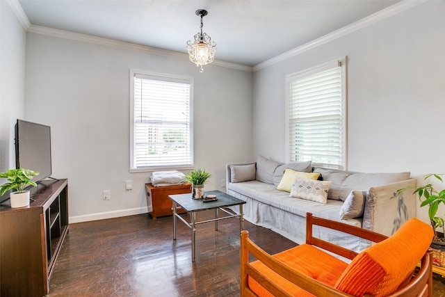 living room with baseboards, ornamental molding, and dark wood-style floors