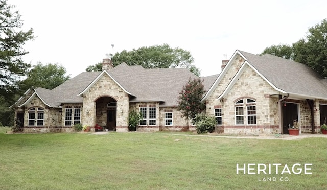 french country home featuring stone siding, a shingled roof, a front lawn, and a chimney