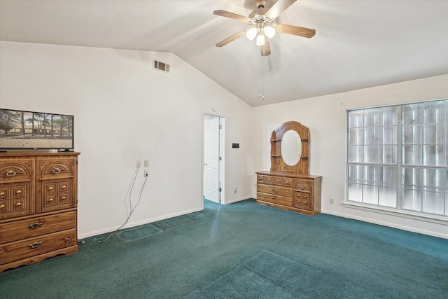 unfurnished bedroom featuring visible vents, baseboards, a ceiling fan, lofted ceiling, and dark colored carpet
