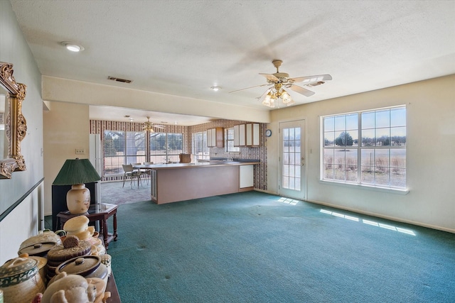 kitchen featuring ceiling fan, carpet, and a textured ceiling