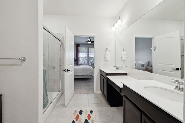 342 Meredith Dr, Fate, TX 75087 - full bath with ensuite bath, double vanity, a shower stall, and tile patterned flooring