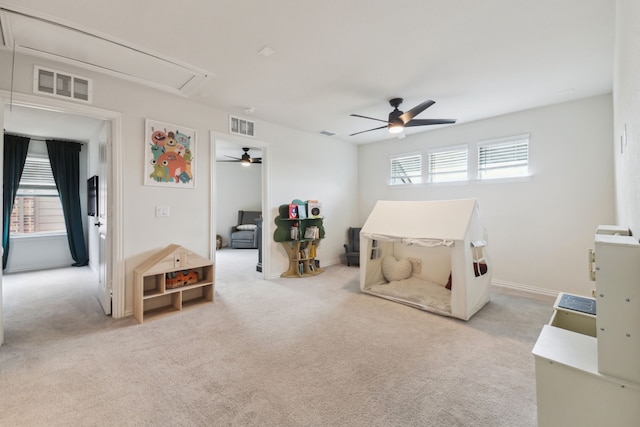 342 Meredith Dr, Fate, TX 75087 - bedroom with attic access, light colored carpet, a ceiling fan, and baseboards
