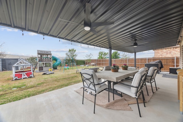342 Meredith Dr, Fate, TX 75087 - view of patio with a playground, outdoor dining area, and a ceiling fan