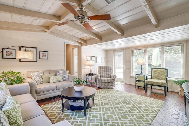 3241 Westcliff Rd W, Fort Worth, TX 76109 - living room with a ceiling fan, plenty of natural light, and wooden walls
