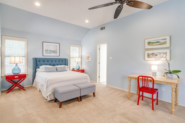 3241 Westcliff Rd W, Fort Worth, TX 76109 - carpeted bedroom with lofted ceiling, baseboards, recessed lighting, and a ceiling fan
