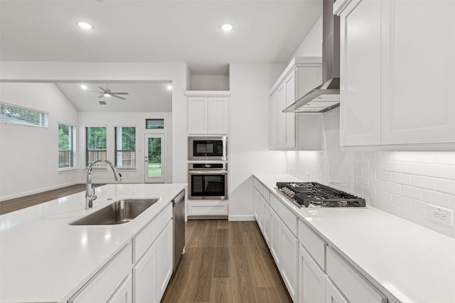 4516 Rustic Ridge Dr, Mckinney, TX 75071 - kitchen with stainless steel appliances, wall chimney range hood, light countertops, decorative backsplash, and vaulted ceiling