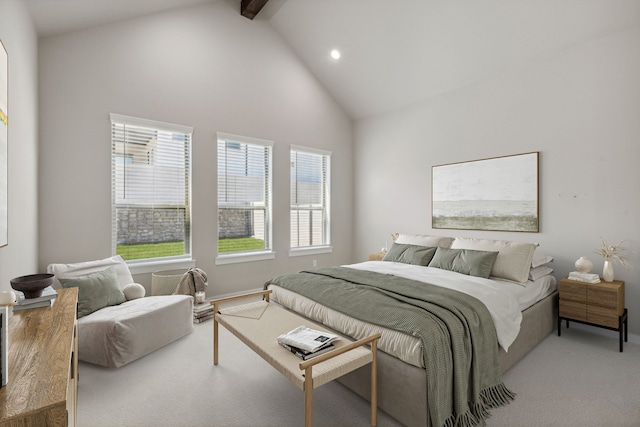 4516 Rustic Ridge Dr, Mckinney, TX 75071 - bedroom with carpet, high vaulted ceiling, recessed lighting, and beam ceiling