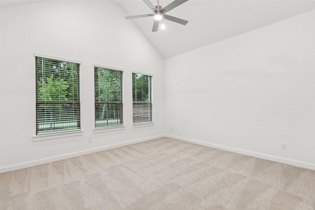 4516 Rustic Ridge Dr, Mckinney, TX 75071 - carpeted empty room with high vaulted ceiling, a ceiling fan, and healthy amount of natural light
