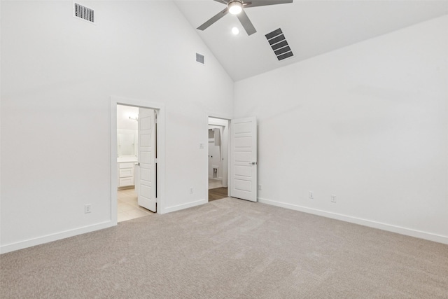 4516 Rustic Ridge Dr, Mckinney, TX 75071 - unfurnished bedroom with high vaulted ceiling, light carpet, connected bathroom, recessed lighting, and ceiling fan