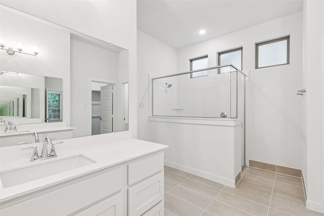 4516 Rustic Ridge Dr, Mckinney, TX 75071 - full bathroom with a stall shower, vanity, tile patterned floors, and recessed lighting