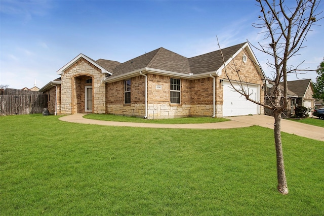 ranch-style house featuring a garage, fence, a front lawn, a shingled roof, and concrete driveway