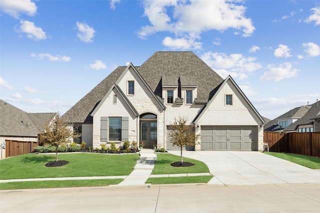 view of front facade featuring roof with shingles, fence, stone siding, driveway, and a front yard