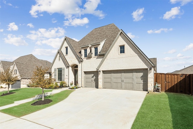 view of front of property featuring concrete driveway, a gate, brick siding, a garage, and a shingled roof