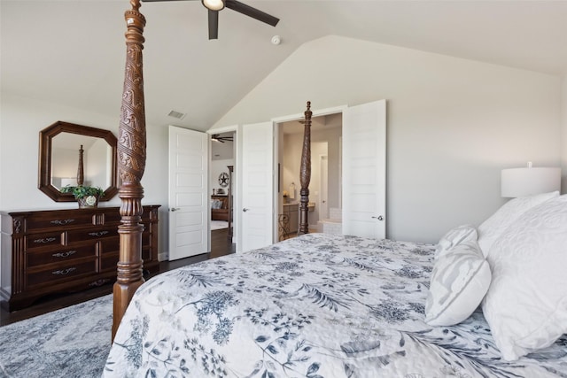 living room featuring dark wood-style floors, lofted ceiling, visible vents, and baseboards