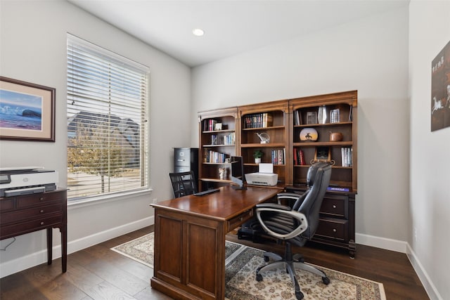 home office with dark wood-type flooring, baseboards, and recessed lighting