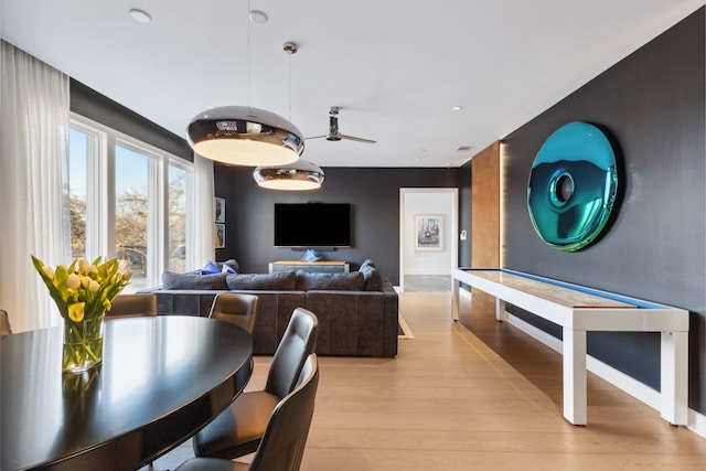game room with recessed lighting, light wood-style flooring, baseboards, and a ceiling fan