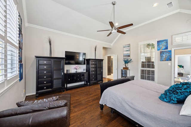 2937 Lago Vista Ln, Rockwall, TX 75032 - bedroom featuring lofted ceiling, wood finished floors, ornamental molding, a ceiling fan, and recessed lighting