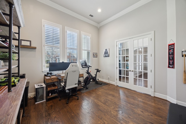 2937 Lago Vista Ln, Rockwall, TX 75032 - office area featuring french doors, wood finished floors, ornamental molding, baseboards, and recessed lighting