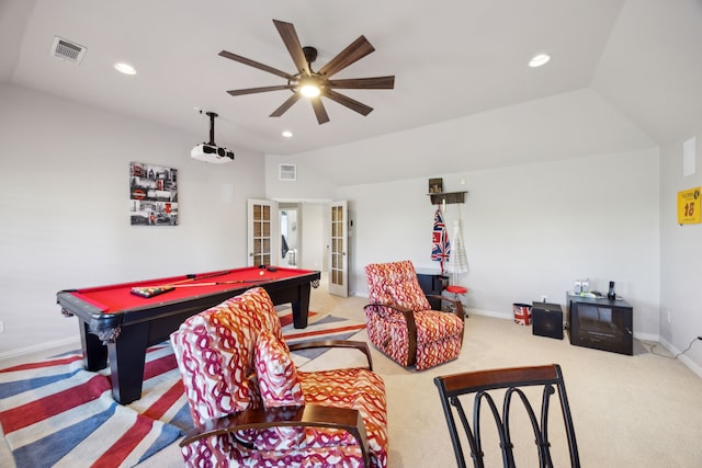 2937 Lago Vista Ln, Rockwall, TX 75032 - game room with vaulted ceiling, french doors, a ceiling fan, billiards table, and recessed lighting