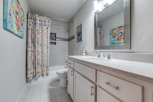 4055 Fawnhollow Dr, Dallas, TX 75244 - bathroom with vanity, toilet, shower / bath combination with curtain, tile patterned floors, and a textured wall